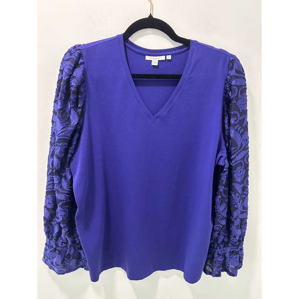 Chicos Royal Blue V-Neck Top Burnout Velvet Floral Puff Sleeve Size 3 XL